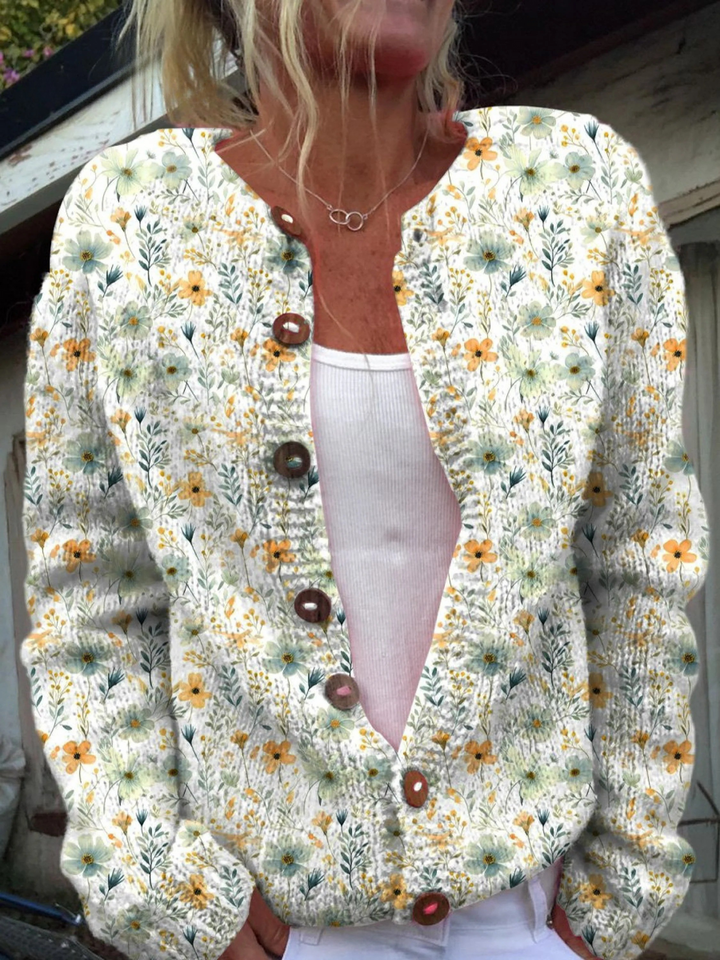 Cardigan con bottoni e stampa ripetuta di rose francesi in acquerello