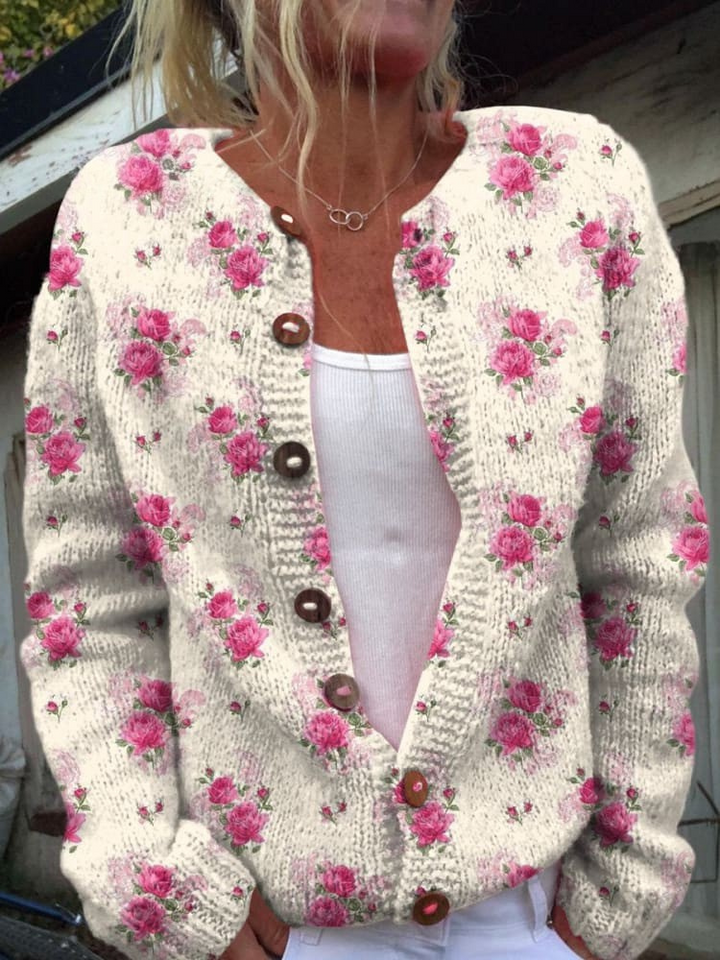 Cardigan con bottoni e stampa ripetuta di rose francesi in acquerello
